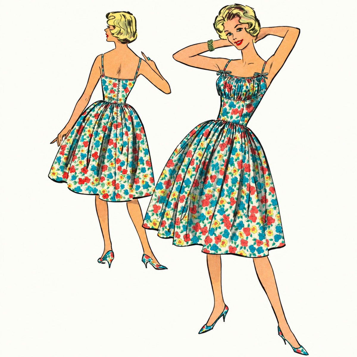 Vintage-style sewing pattern  illustration of a woman modeling a sleeveless fit-and-flare dress with a colorful floral print, shown from the back and front against a plain light background.