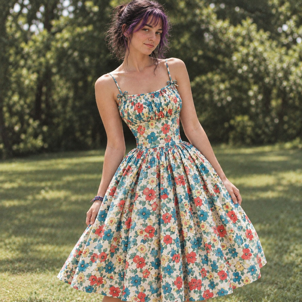 A woman wearing a sleeveless, spaghetti-strap A-line dress with a colorful floral print on a cream background, standing outdoors in a grassy park with trees in the background.