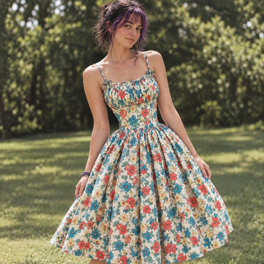 A woman wearing a sleeveless, spaghetti-strap A-line dress with a colorful floral print on a cream background, standing outdoors in a grassy park with trees in the background.