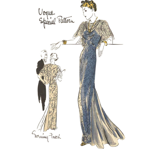 Vintage sewing pattern fashion illustration showing a woman in a long blue patterned gown with a sheer cape-style bodice, alongside smaller figures in matching patterned dresses. Handwritten text reads 'Vogue Special Pattern' and 'Sewing Thread' on a white background.