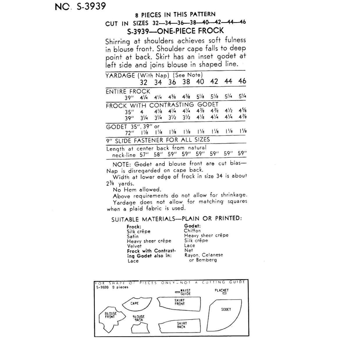 A black-and-white printed pattern sheet showing measurements and layout instructions for a one-piece frock. The page includes size cut lines, a yardage table, notes about shaping and gusset details, suitable materials, and a small front/back view diagram.