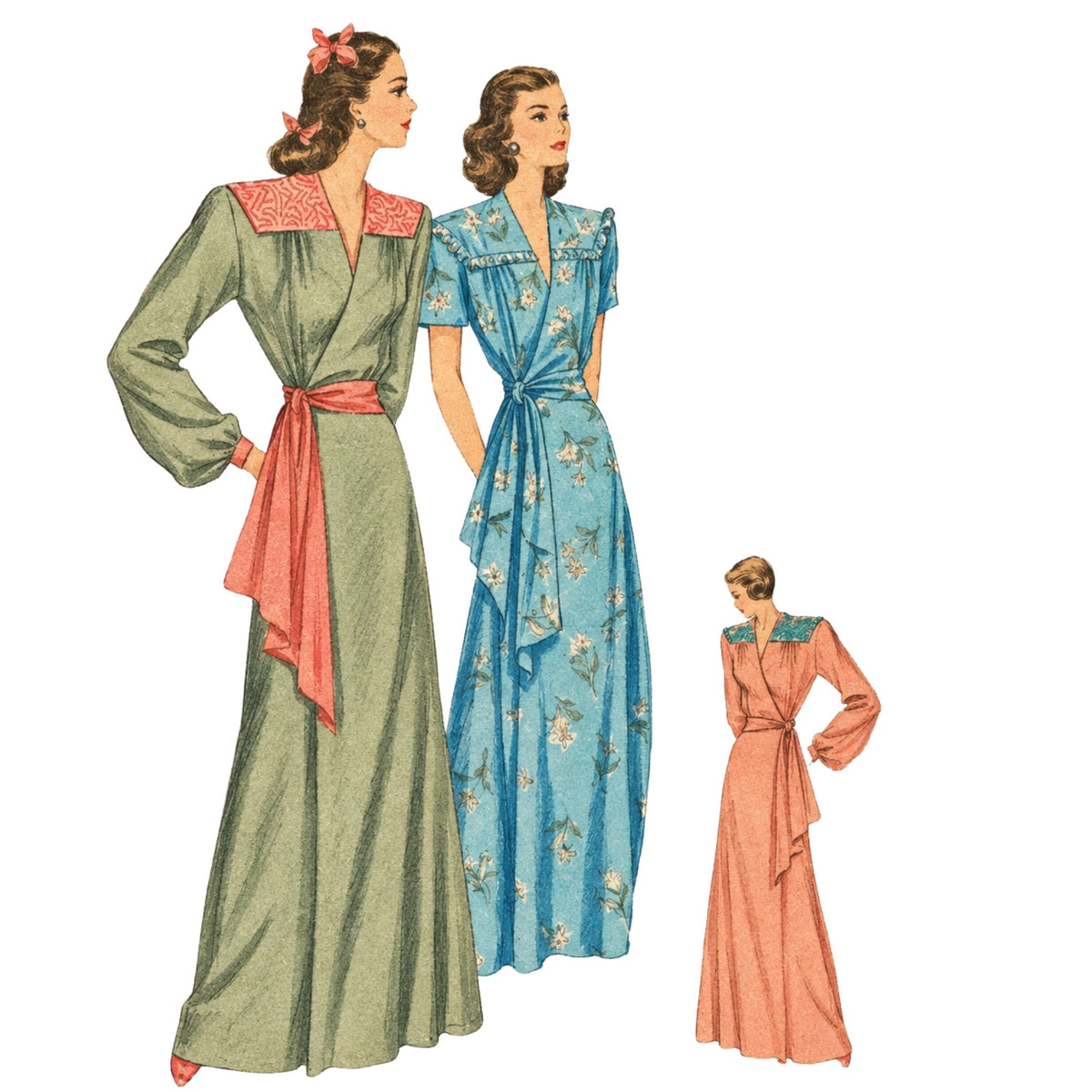 Vintage fashion sewing illustration showing three women wearing long draped maxi dresses in different colors and floral patterns: olive green with coral collar and sash, light blue floral, and peach with teal collar. A small inset shows a matching figure at the lower right.
