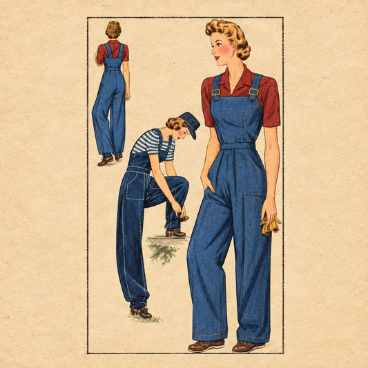 Vintage-style sewing pattern lilustration of a woman wearing blue denim work overalls over a red short-sleeve top, shown in multiple poses on a tan paper-like background.