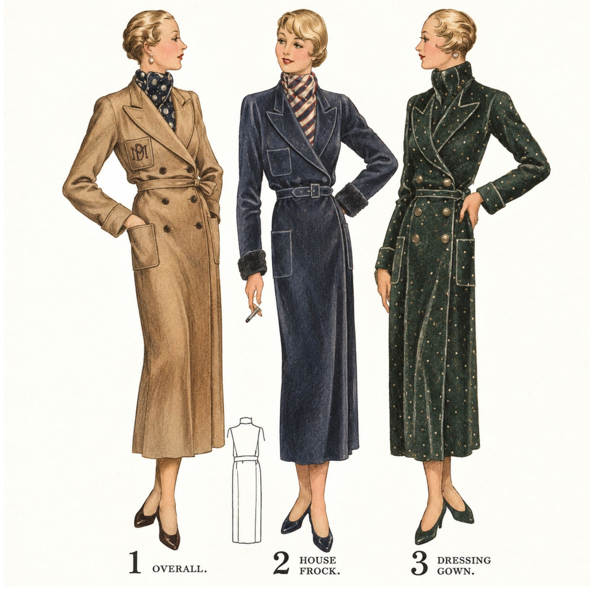 Vintage sewing pattern illustration showing three women modeling long double-breasted dresses: a tan version, a dark blue house frock, and a dark green polka-dot version. A small dress form diagram and the labels '1 OVERALL.