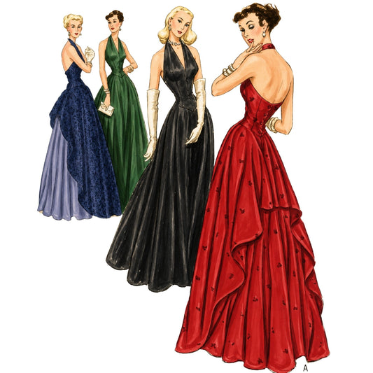 Vintage sewing pattern illustration showing two views of a formal ball gown dress, labeled A. One view shows a black sleeveless gown with long gloves, and the other shows a backless gown with a floral pattern and layered ruffles.