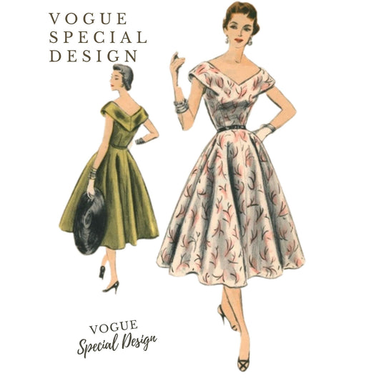 Vintage Vogue Special Design sewing pattern illustration showing a woman in a 1950s-style fit-and-flare dress. The main figure wears a light pink floral dress with a dark waistband, and a smaller figure at left wears an olive green dress.