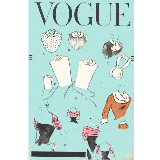 Vintage Vogue sewing pattern cover featuring illustrated garment pieces and the large VOGUE title on a light aqua background.