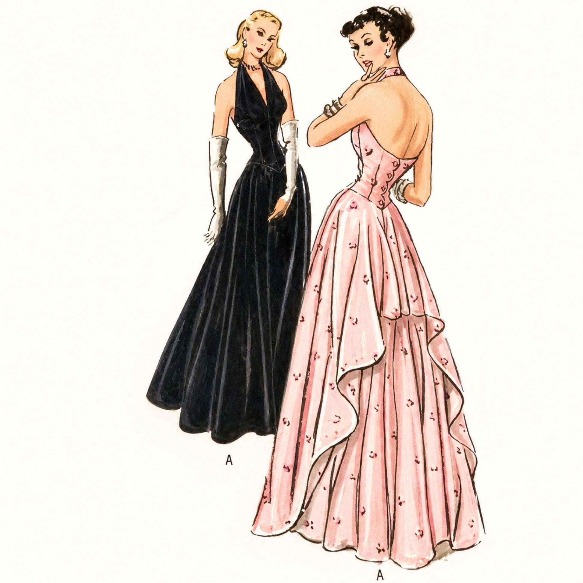 Vintage sewing pattern illustration showing two views of a formal ball gown dress, labeled A. One view shows a black sleeveless gown with long gloves, and the other shows a pink backless gown with a floral pattern and layered ruffles.