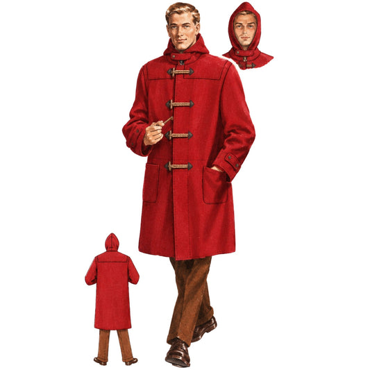 A vintage-style sewing pattern illustration showing a man wearing a long red duffle coat with toggle closures and a hood, plus smaller inset views of the hood alone and the coat from the back, on a plain white background.