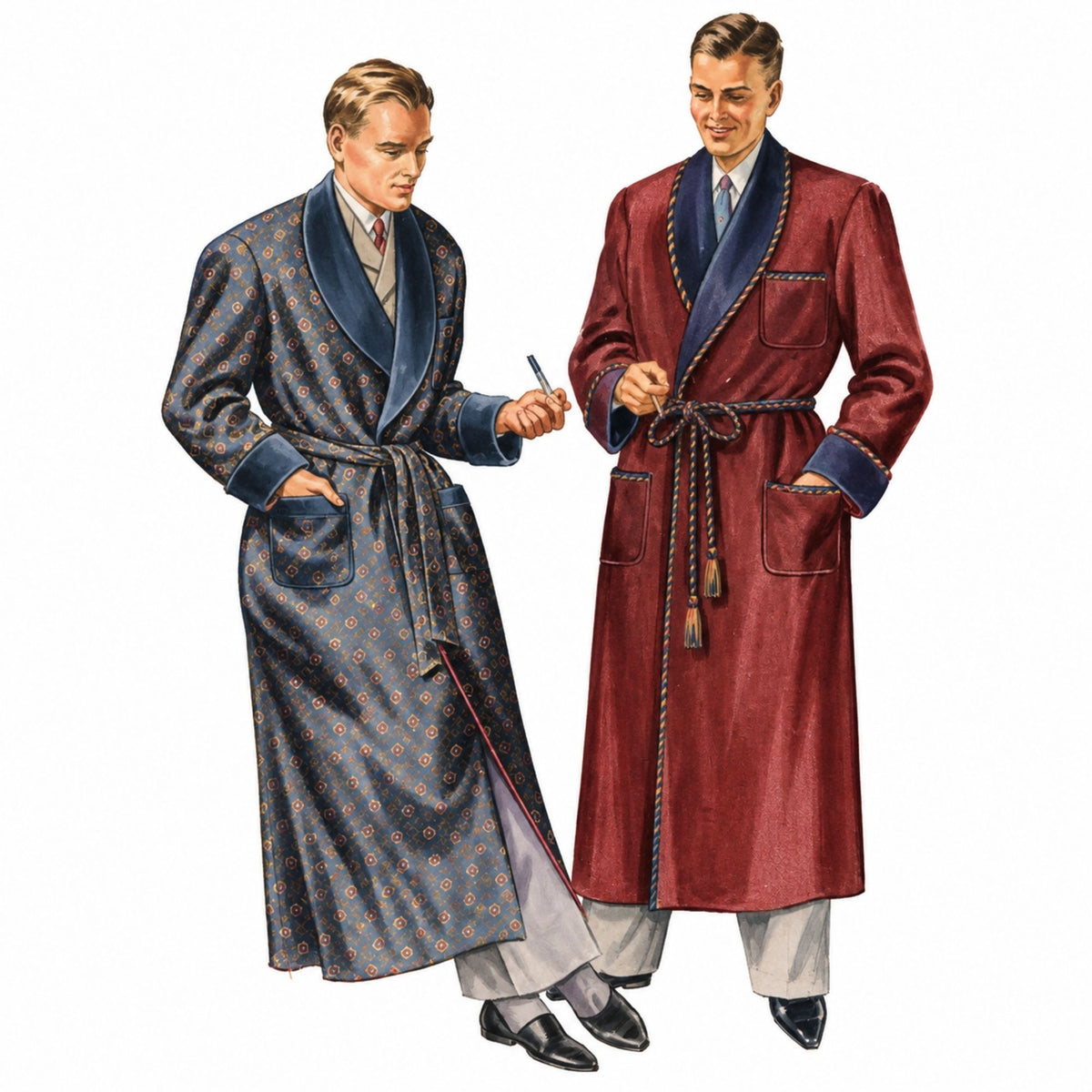 Vintage illustration of two men wearing long bathrobes. The robe on the left is dark blue with a small repeating floral pattern and dark blue shawl collar.
