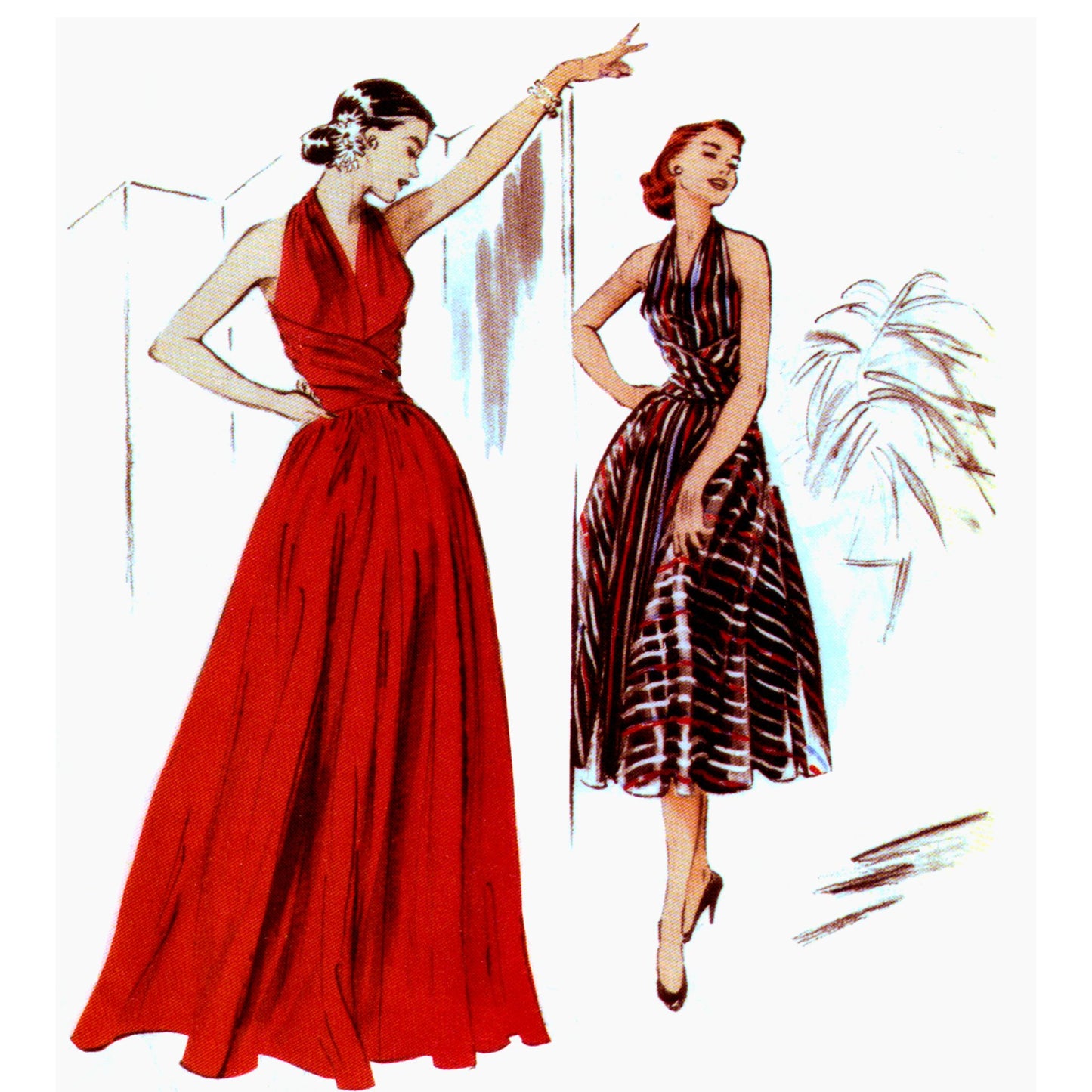 Two women in vintage dresses, one red and one patterned, on a white background.
