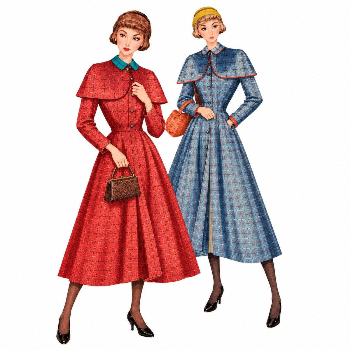 Vintage-style illustration of two women modeling long-sleeve A-line dresses with cape-like shoulders. The left dress is red with a small geometric pattern and a teal collar, and the right dress is blue with a plaid pattern and a yellow collar.