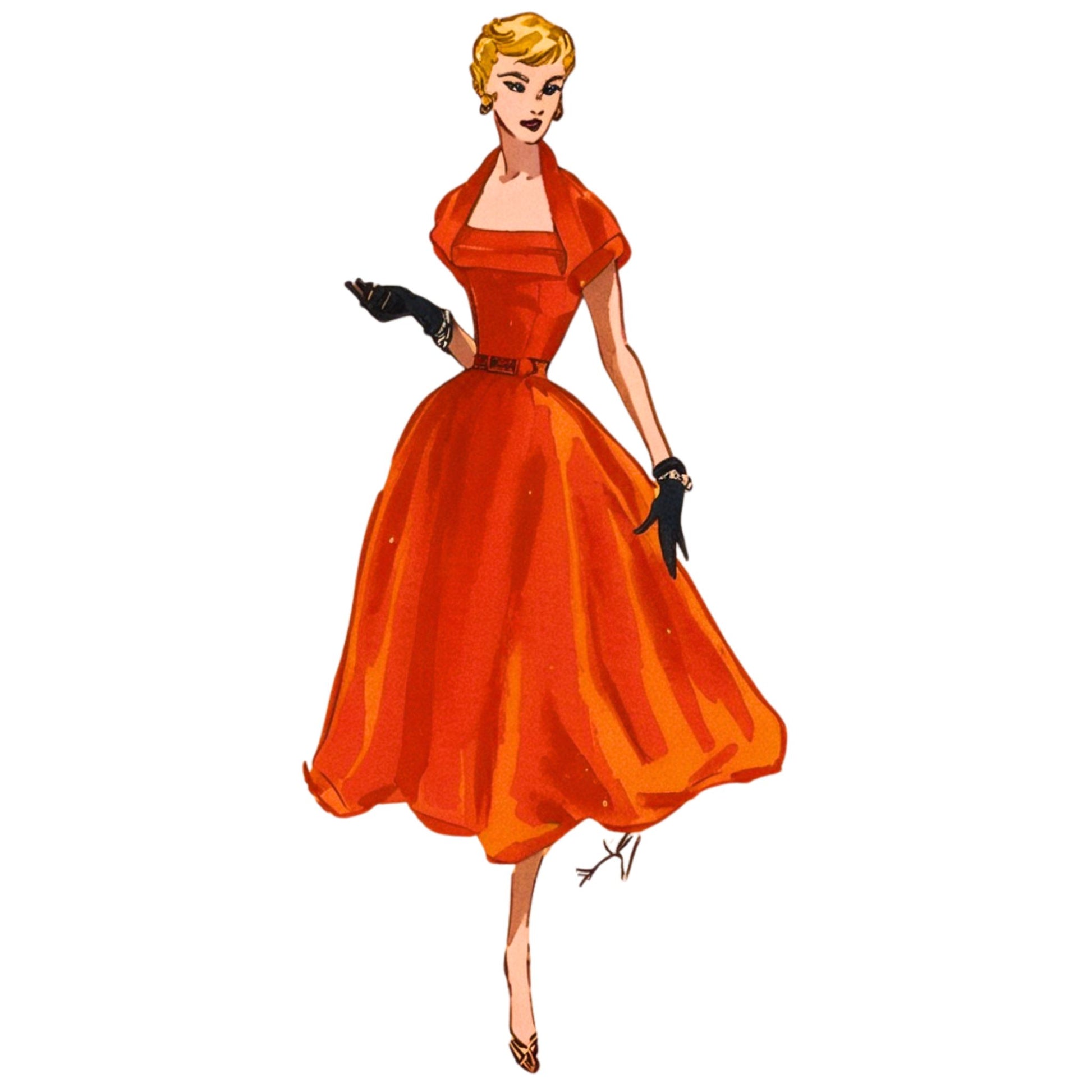 Illustration of a woman wearing an orange dress on a white background