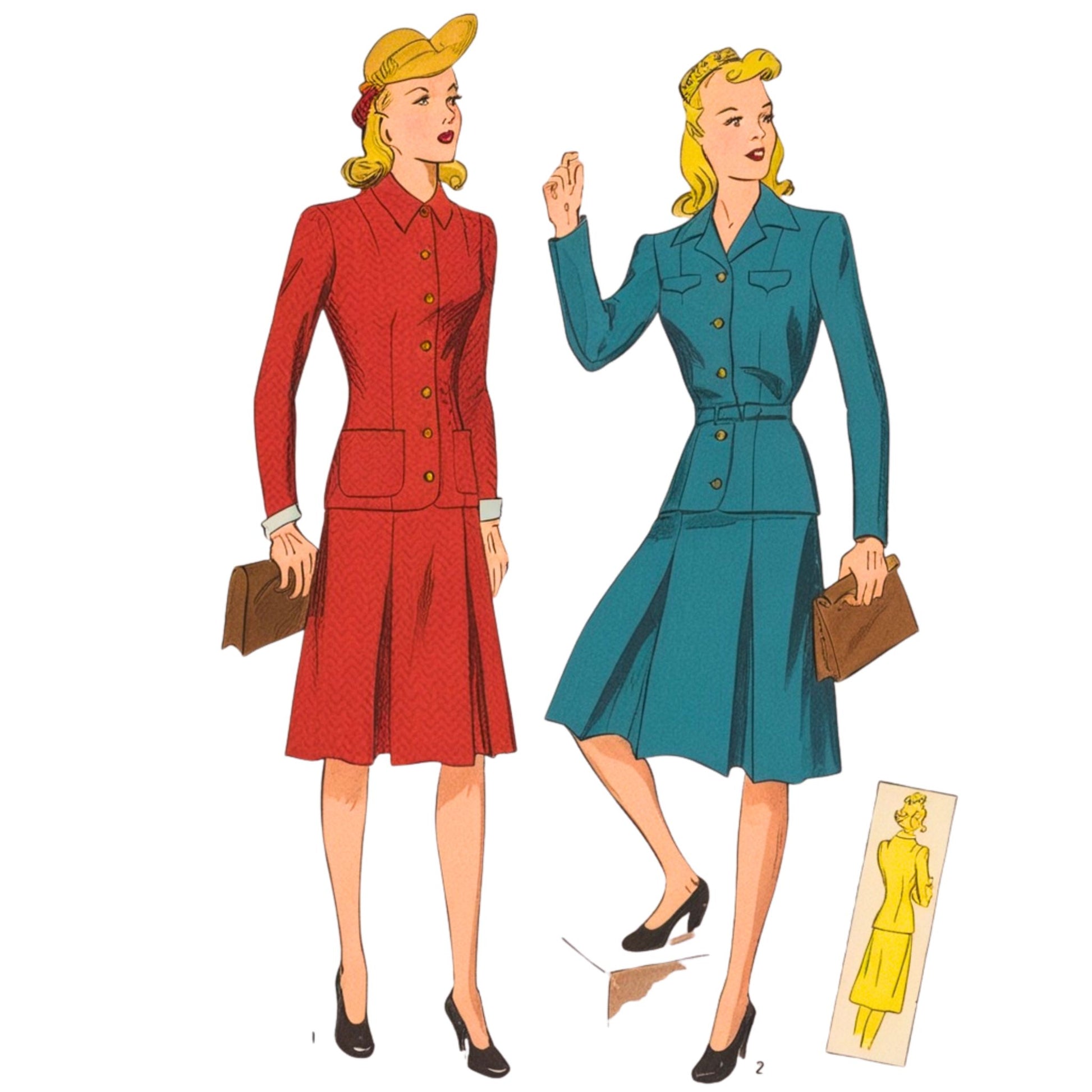 Two women in vintage outfits with a patterned paper cutout of a dress.