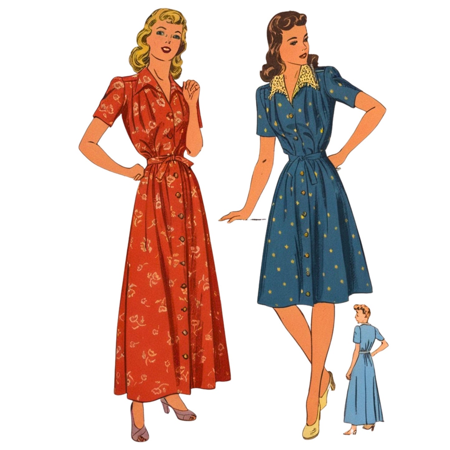 Two vintage-style women wearing patterned dresses on a white background