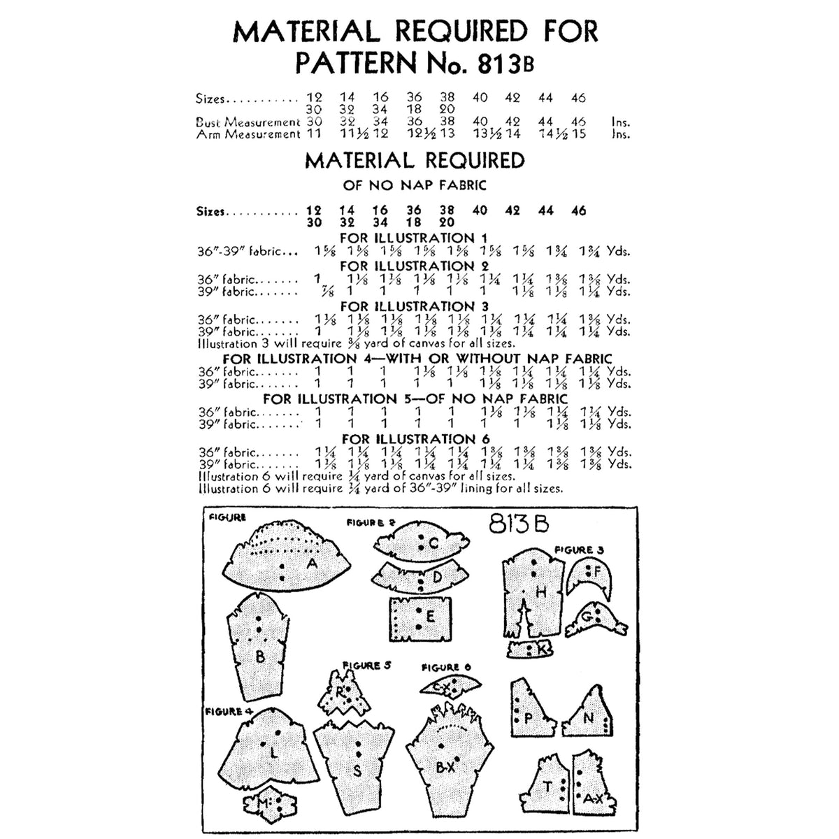 A black-and-white printed sewing pattern sheet showing pattern number 813B, with size measurements, material requirements for different fabric weights, and illustrated garment pieces labelled with figures and pieces.