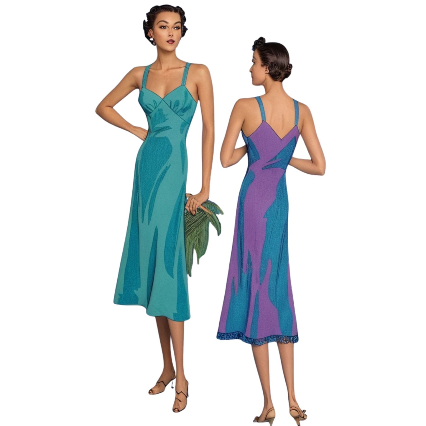 Two women wearing teal and purple evening gowns on a white background