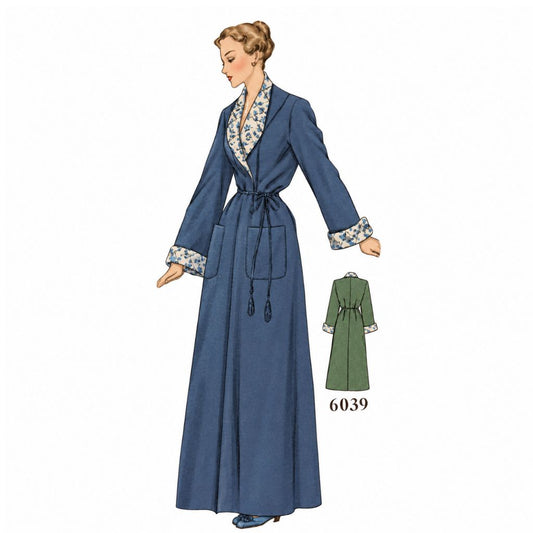 Vintage sewing pattern illustration showing a woman wearing a long blue robe with a floral-trimmed collar and cuffs, plus a smaller inset of the robe in green. The number 6039 appears below the inset on a plain white background.
