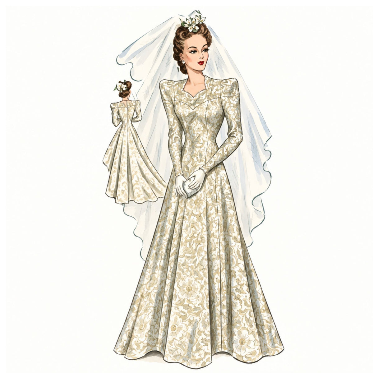 A black-and-white printed sewing pattern sheet showing measurements, fabric requirements, and construction details for a one-piece dress. The page includes a size table, pattern instructions, and fabric suitability notes.