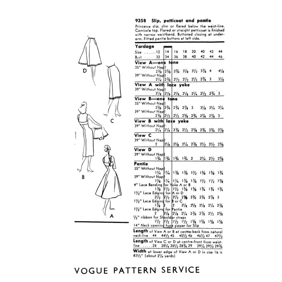A vintage Vogue sewing pattern service page showing line drawings of dress views labeled A through D, with sizing and measurement instructions for slip, petticoat, and panty patterns. The page includes a size table and text reading 'VOGUE PATTERN SERVICE' at the bottom.