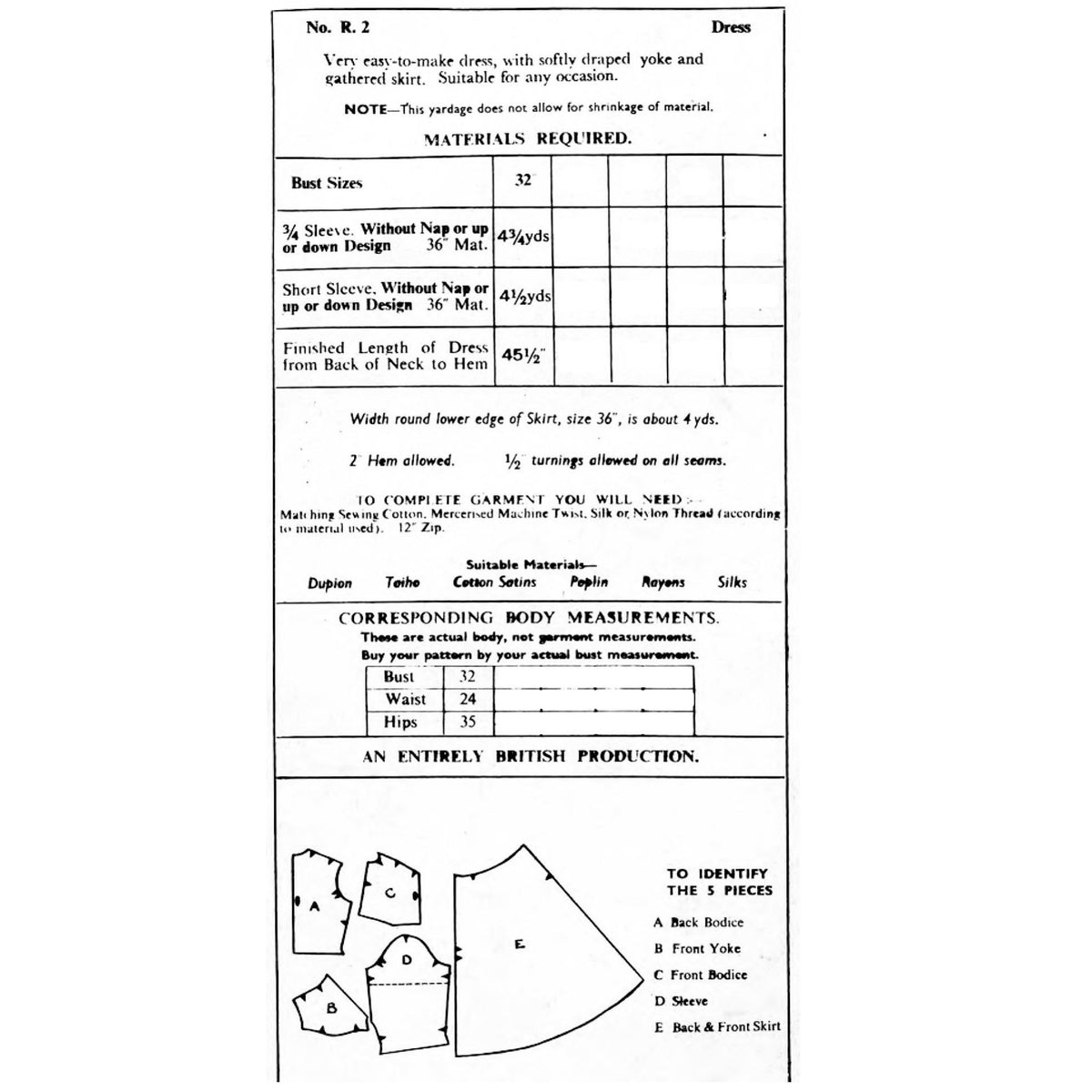 A vintage sewing pattern booklet page showing instructions, body measurements, and garment pieces for a dress. The page includes a table with bust sizes, material requirements, and labeled diagram illustrations of the dress components.