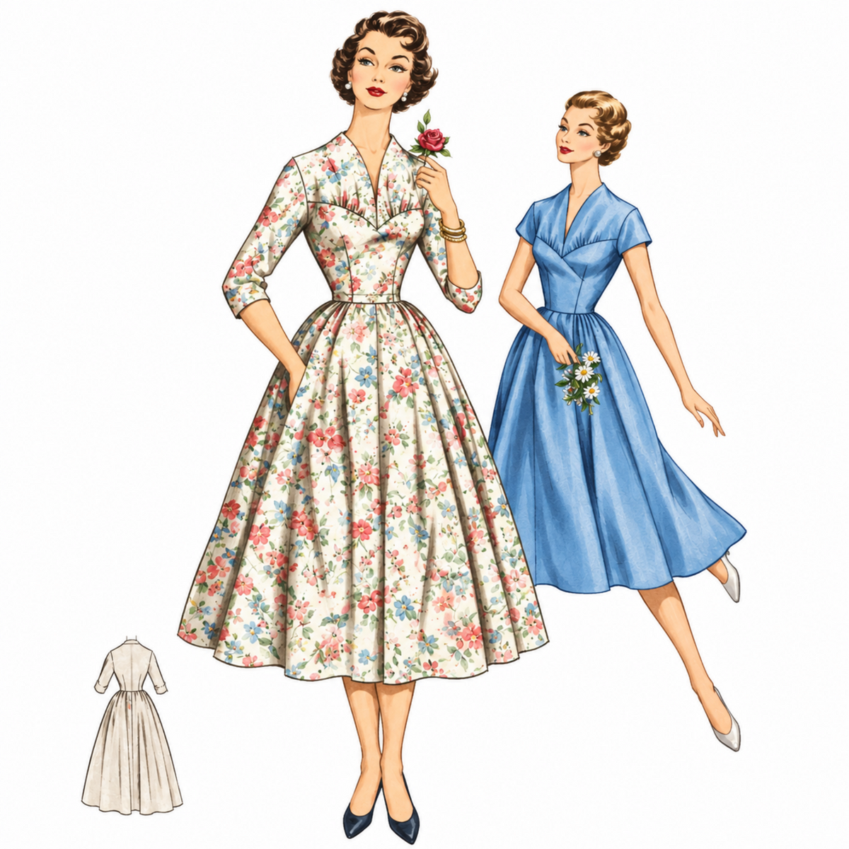 Vintage sewing pattern illustration showing two women modeling floral and solid blue midi dresses, with a small inset of a cream dress on a plain white background.
