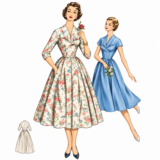 Vintage sewing pattern illustration showing two women modeling floral and solid blue midi dresses, with a small inset of a cream dress on a plain white background.