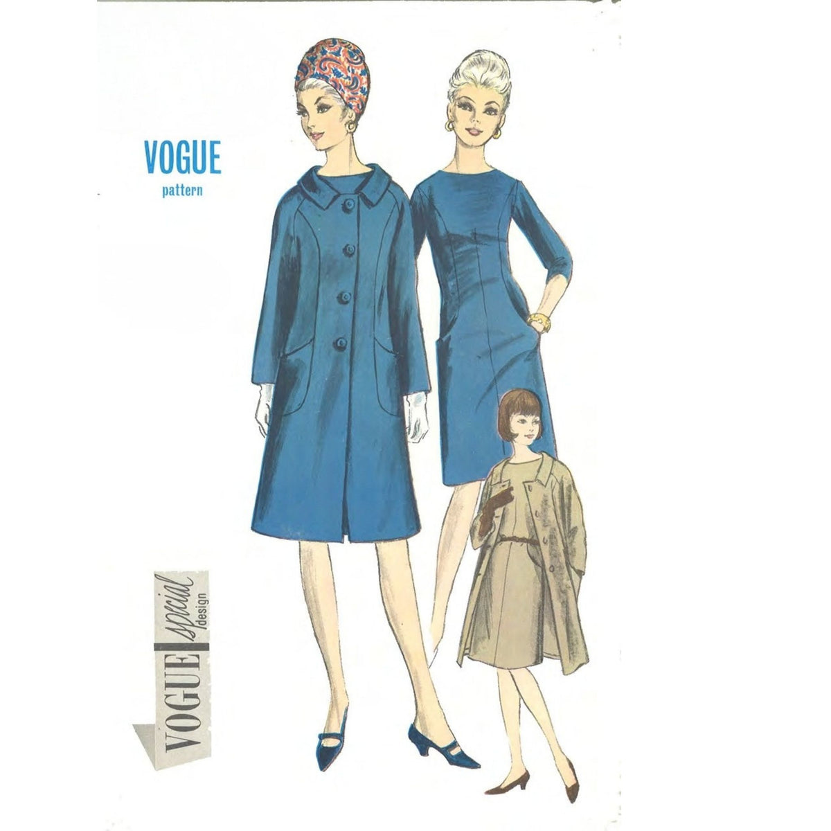 Vintage Vogue sewing pattern cover featuring illustrated women in blue and beige mid-century modern outfits on a white background, with the Vogue pattern logo and a Special Design badge.