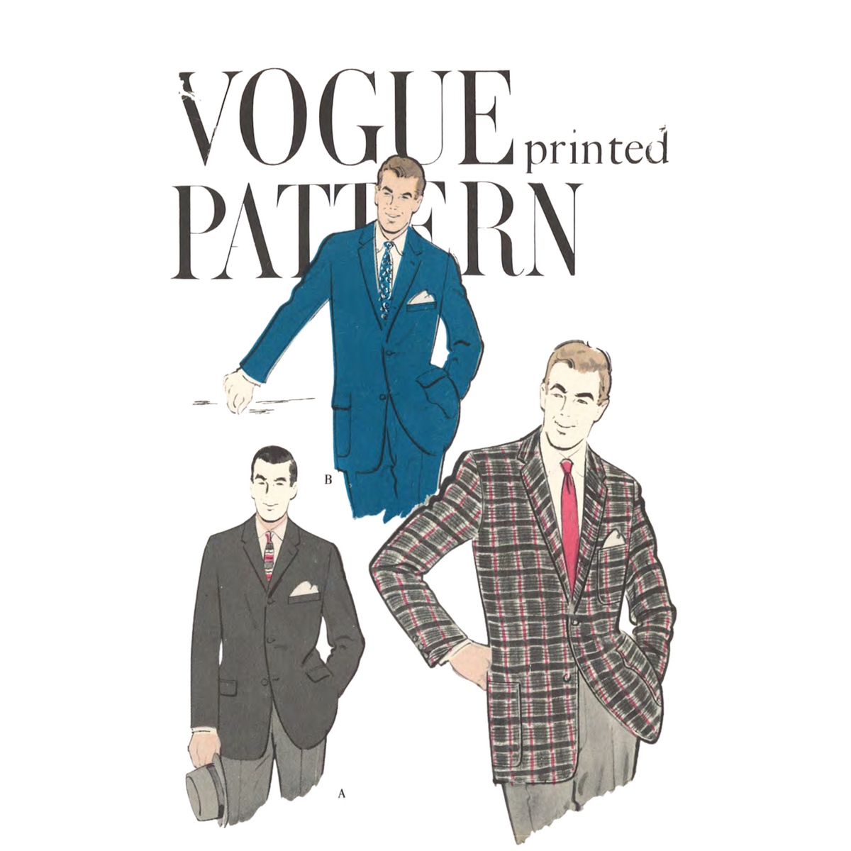 Vintage-style sewing pattern cover  illustration for Vogue Pattern, showing three men in tailored suits and blazers on a plain white background, with the text 'VOGUE PATTERN printed' at the top.
