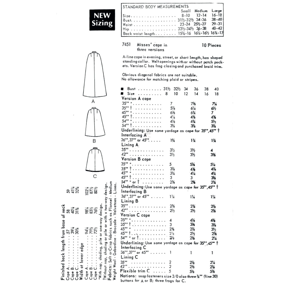 A printed sizing and pattern instruction sheet showing body measurements, a 'New Sizing' header, a small table, and three garment silhouette diagrams labeled A, B, and C with accompanying size and fabric notes.