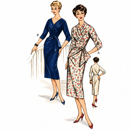 Vintage sewing pattern illustration showing two women wearing wrap-style dresses, labeled A and B, with a smaller back view of a third figure. The main dress on the right has a cream base with red and green floral print, while the dress on the left is solid navy blue.