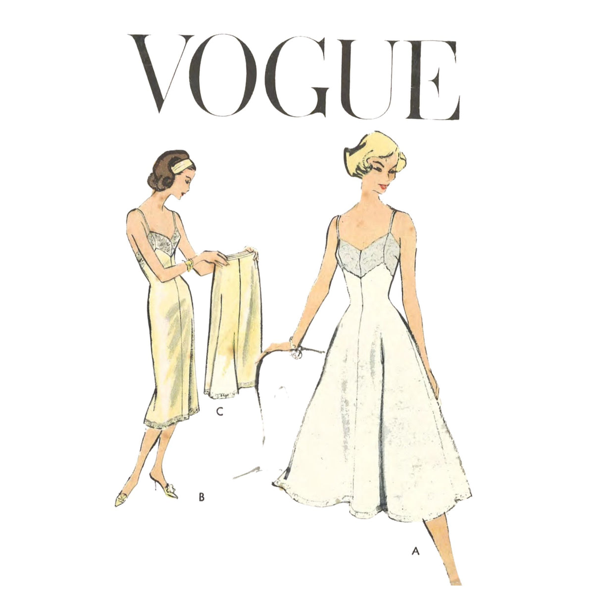 Vintage Vogue sewing pattern illustration showing two women in white and pale yellow sleeveless dresses, with the large VOGUE title at the top and dress labels A, B, and C.
