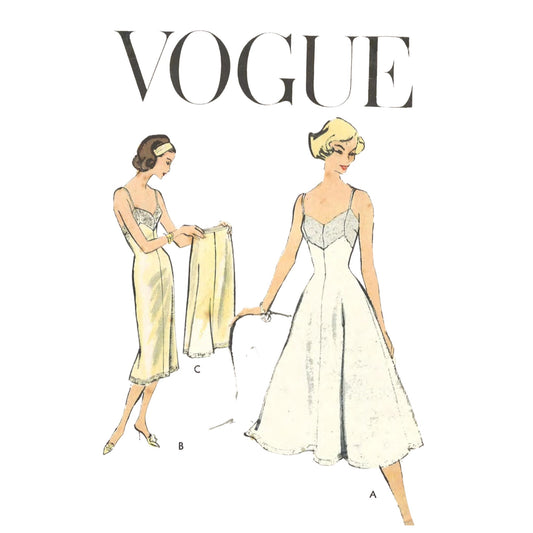 Vintage Vogue sewing pattern illustration showing two women in white and pale yellow sleeveless dresses, with the large VOGUE title at the top and dress labels A, B, and C.