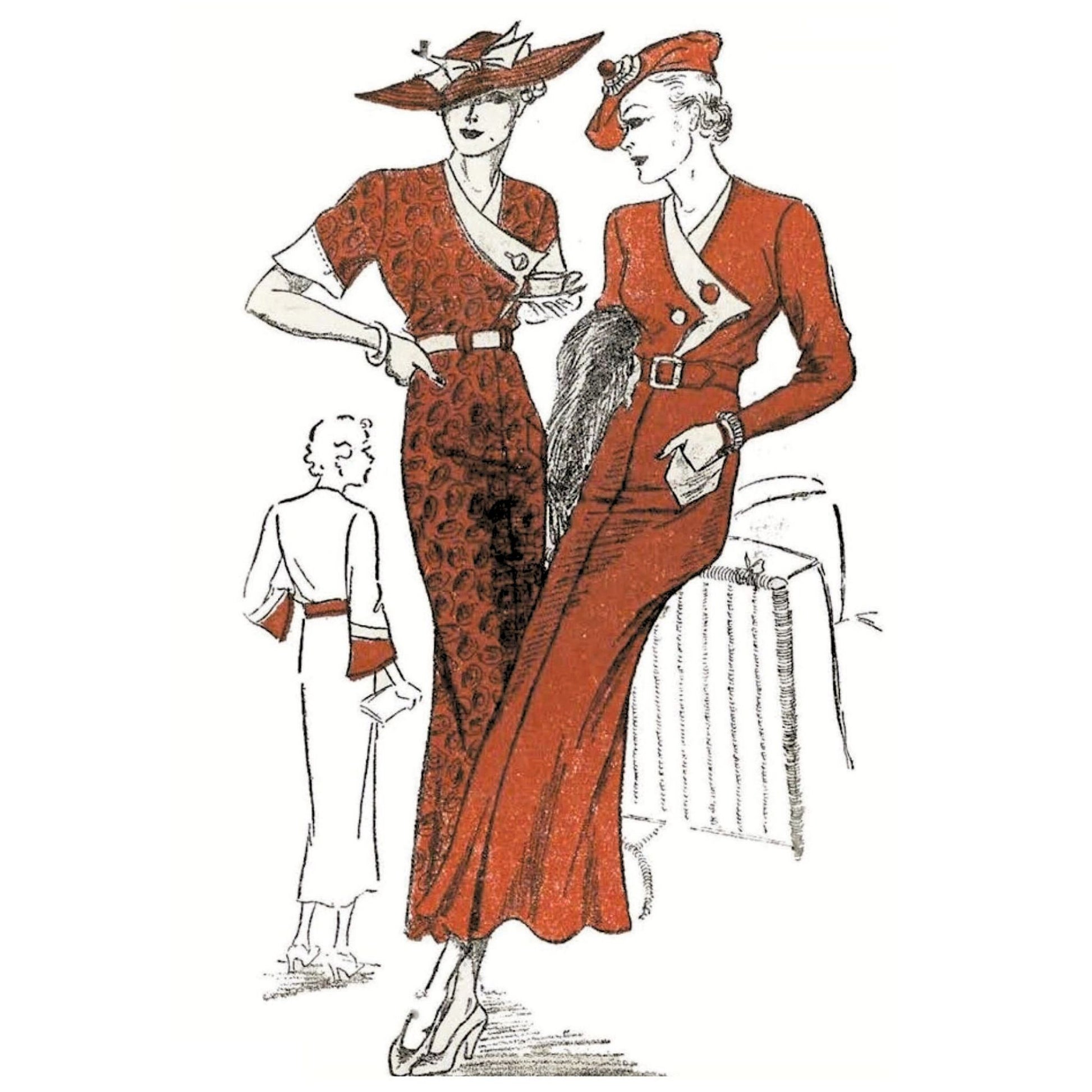 Illustration of two women in vintage red dresses and hats on a white background