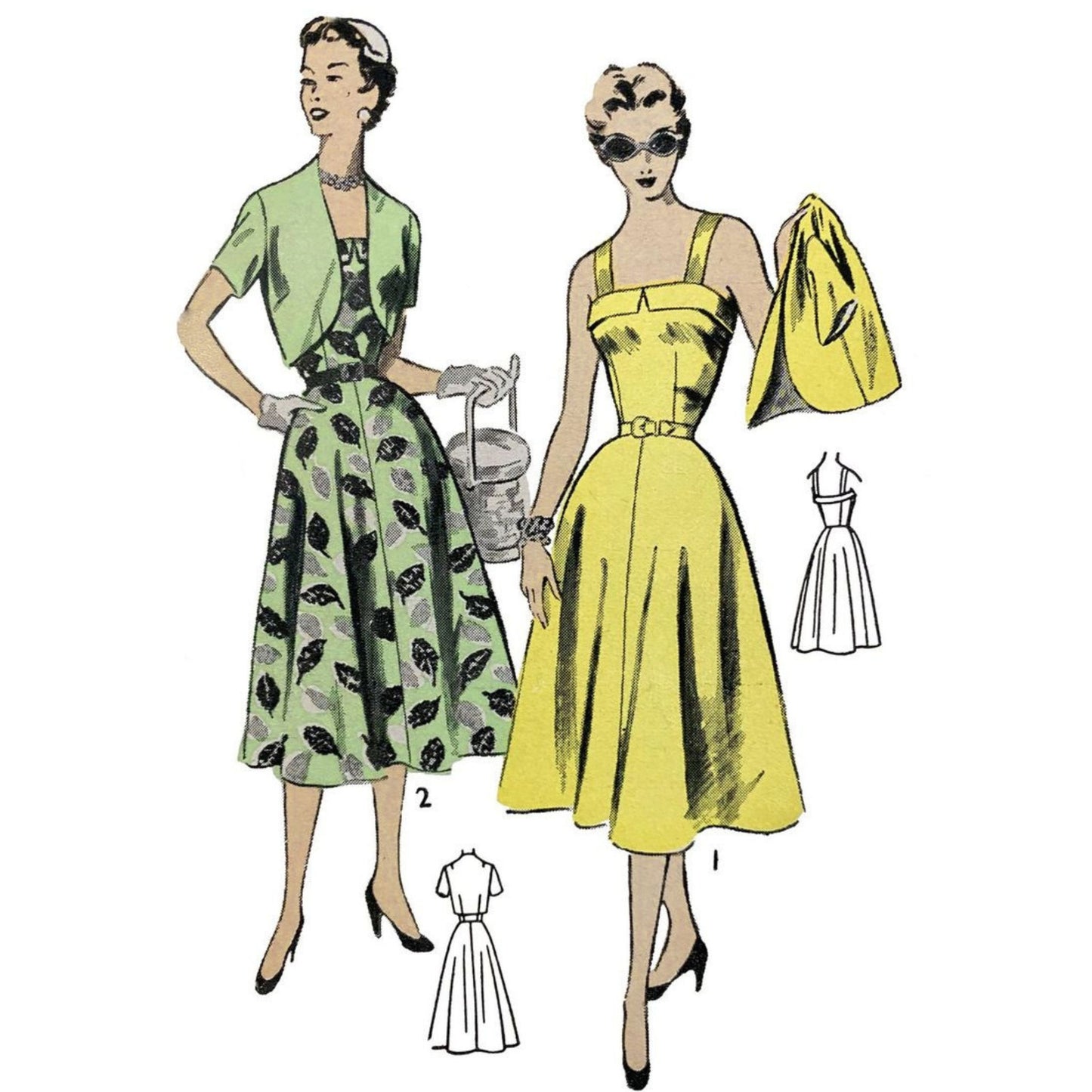 Illustration of two women wearing vintage dresses with patterned designs.