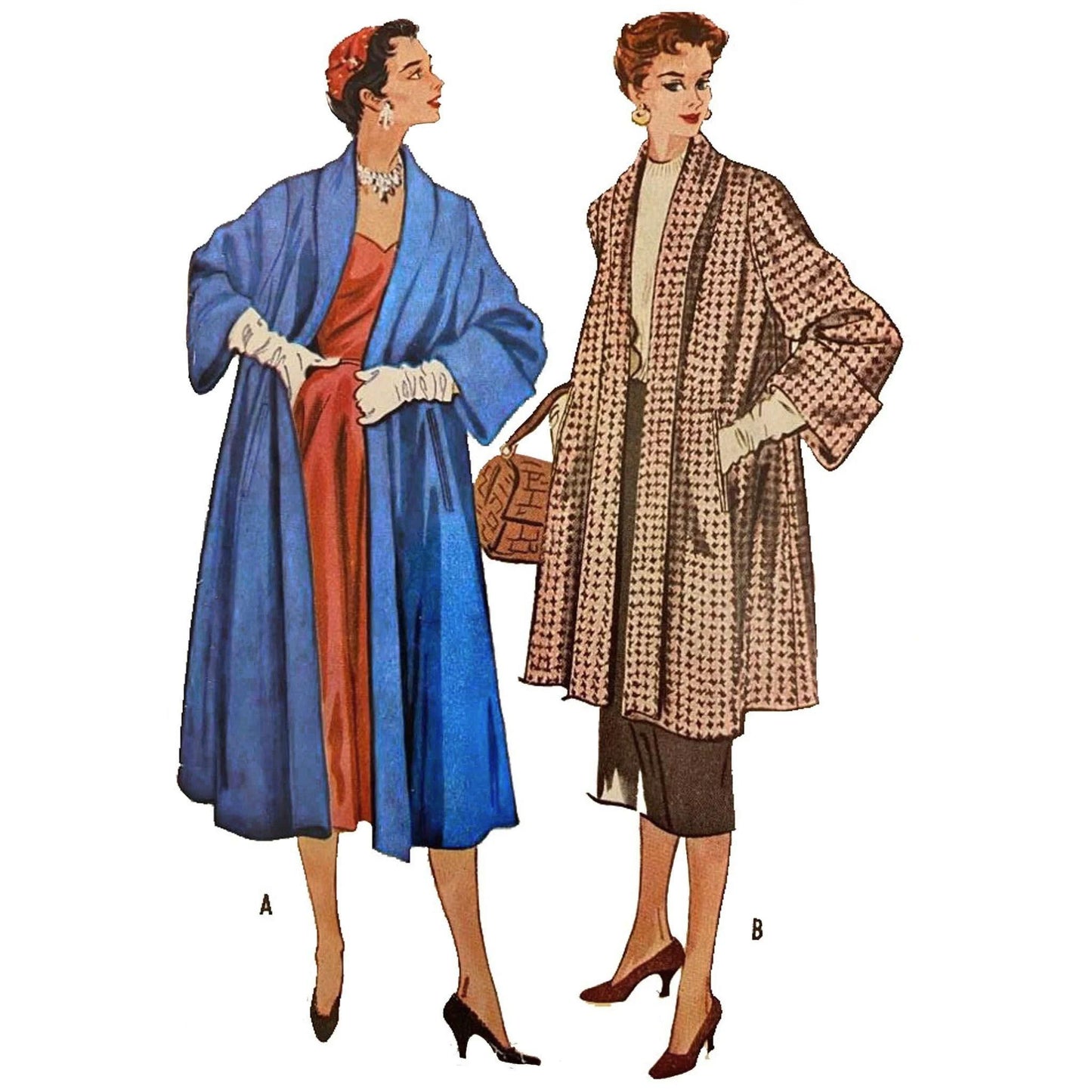 Two women wearing vintage-style coats with a plain background