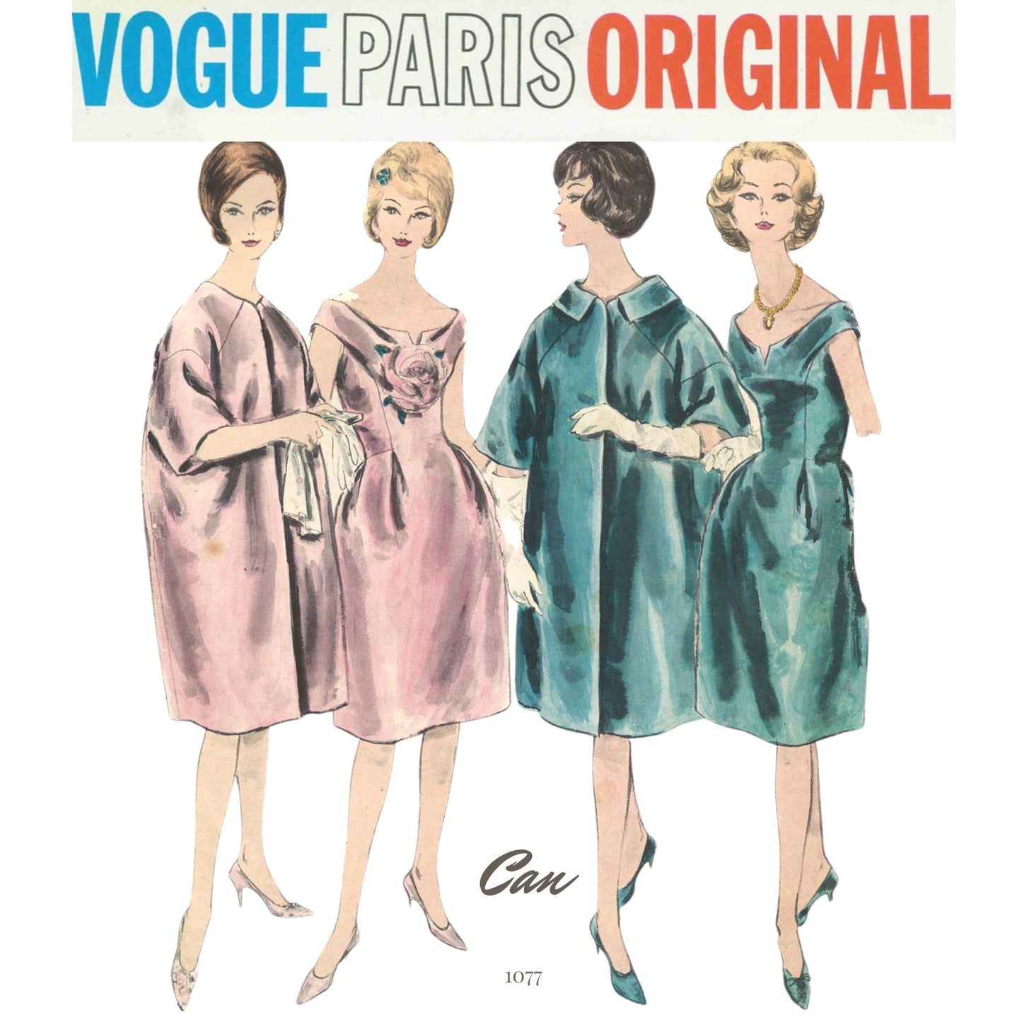 Vintage Vogue Paris Original sewing pattern cover illustration showing four women wearing different sleeveless dresses, with the text 'VOGUE PARIS ORIGINAL' at the top and pattern number 1077 near the bottom.