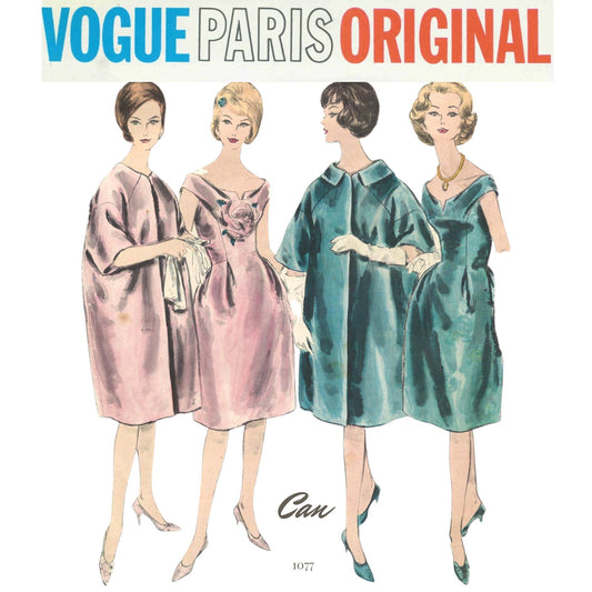 Vintage Vogue Paris Original sewing pattern cover illustration showing four women wearing different sleeveless dresses, with the text 'VOGUE PARIS ORIGINAL' at the top and pattern number 1077 near the bottom.