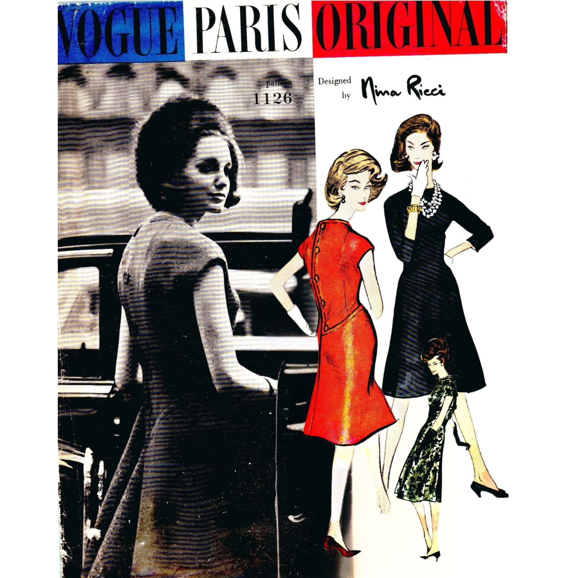 Vogue Paris Original fashion magazine cover with illustrations and a black and white photo of a woman.