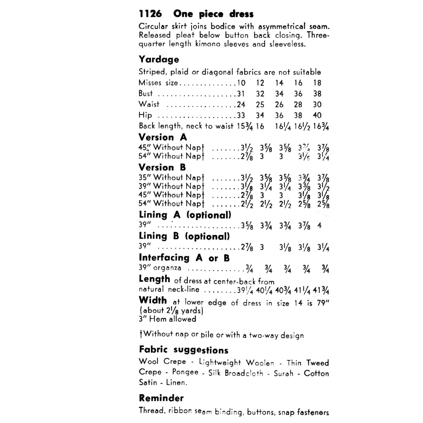 Textual description of a one-piece dress pattern with measurements and fabric suggestions on a white background.