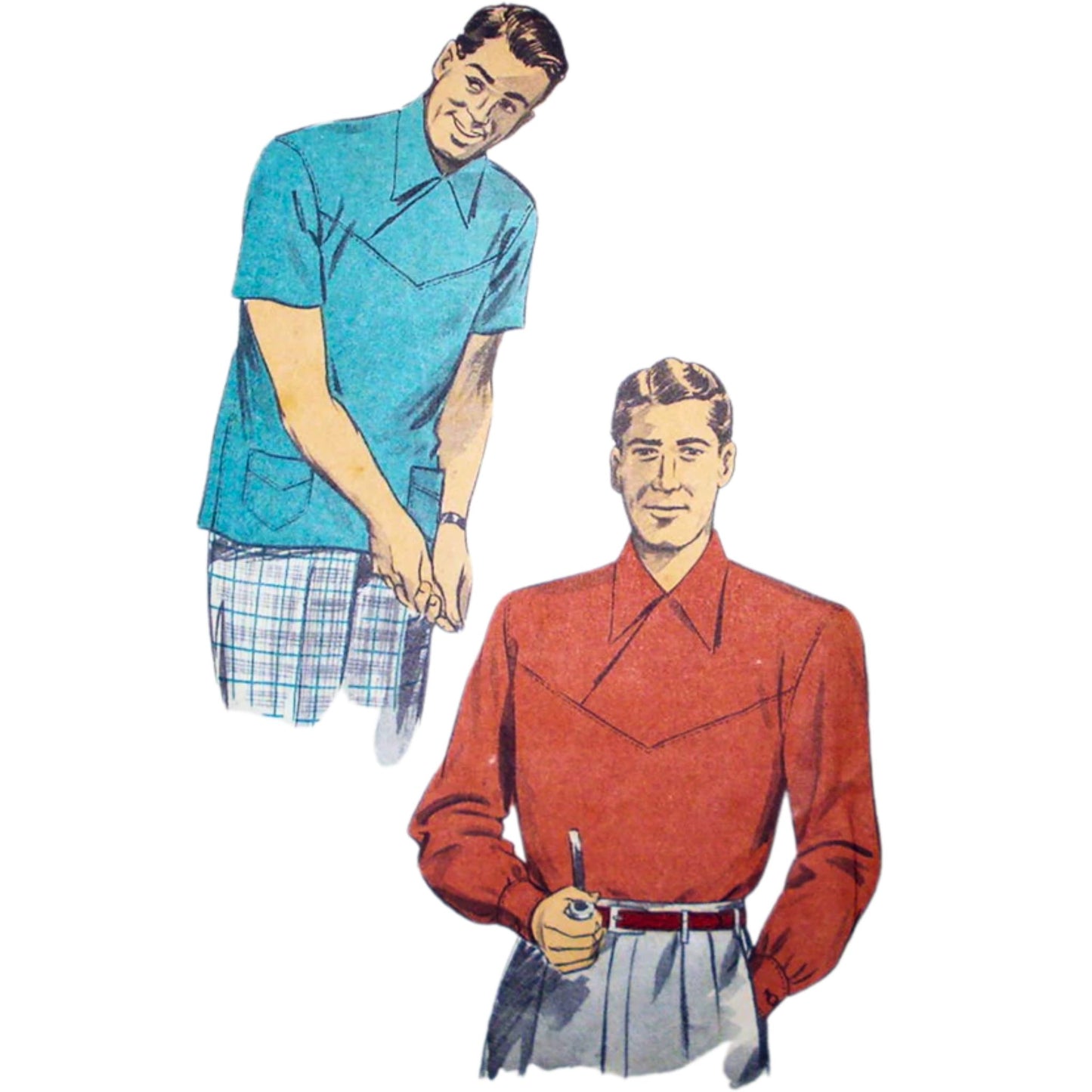 Two men wearing vintage-style shirts and pants on a white background