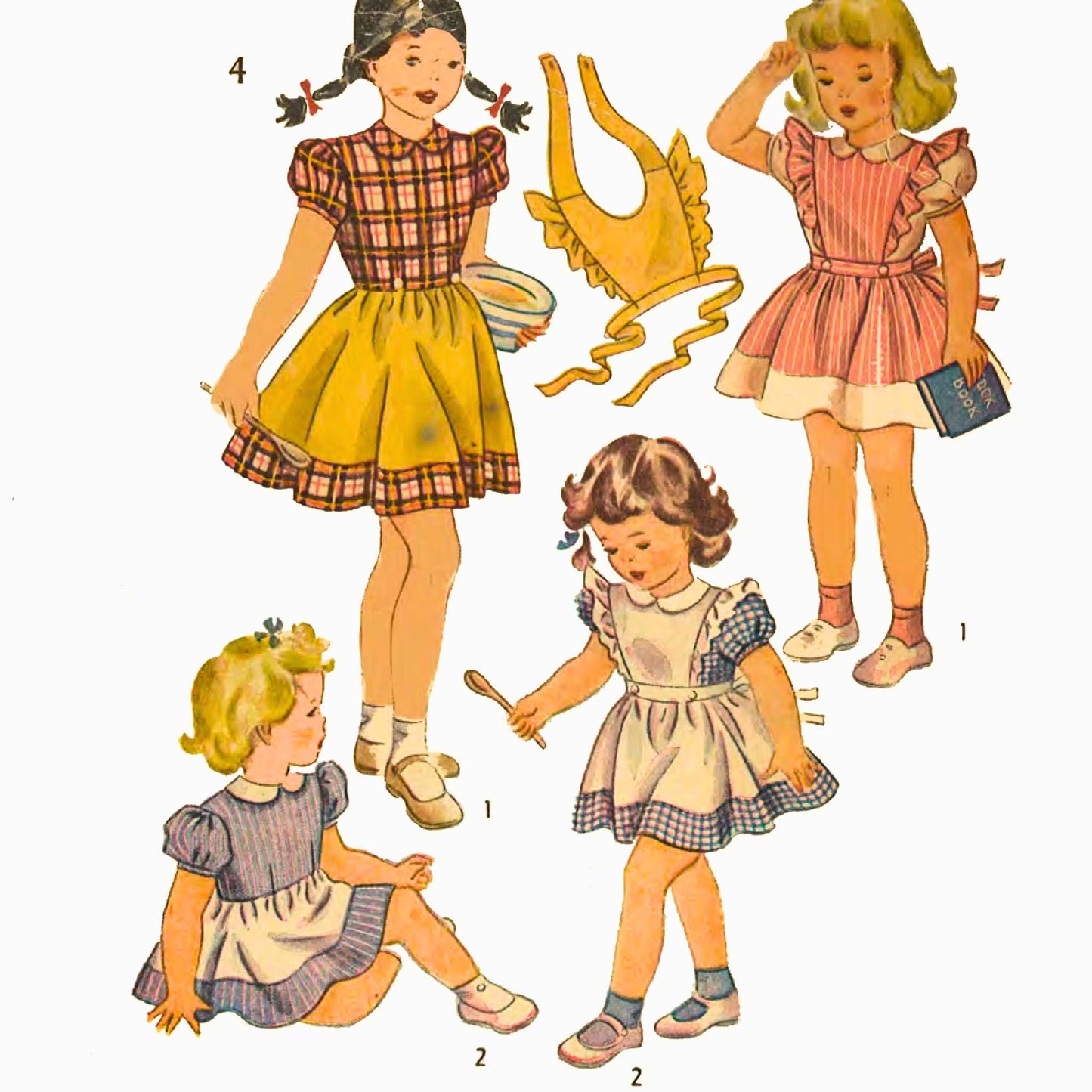 Vintage illustration of four dolls in different outfits with a white background