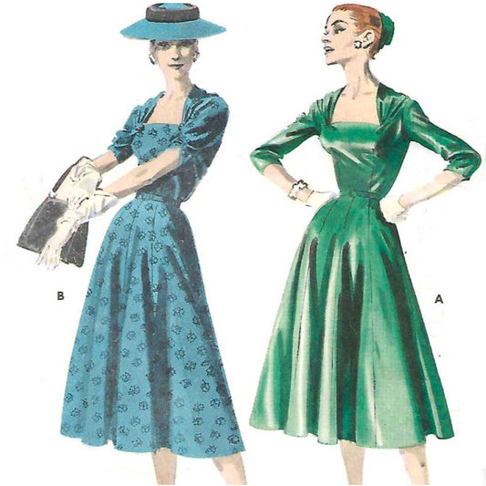 Two women wearing vintage dresses, one blue and one green, on a white background.