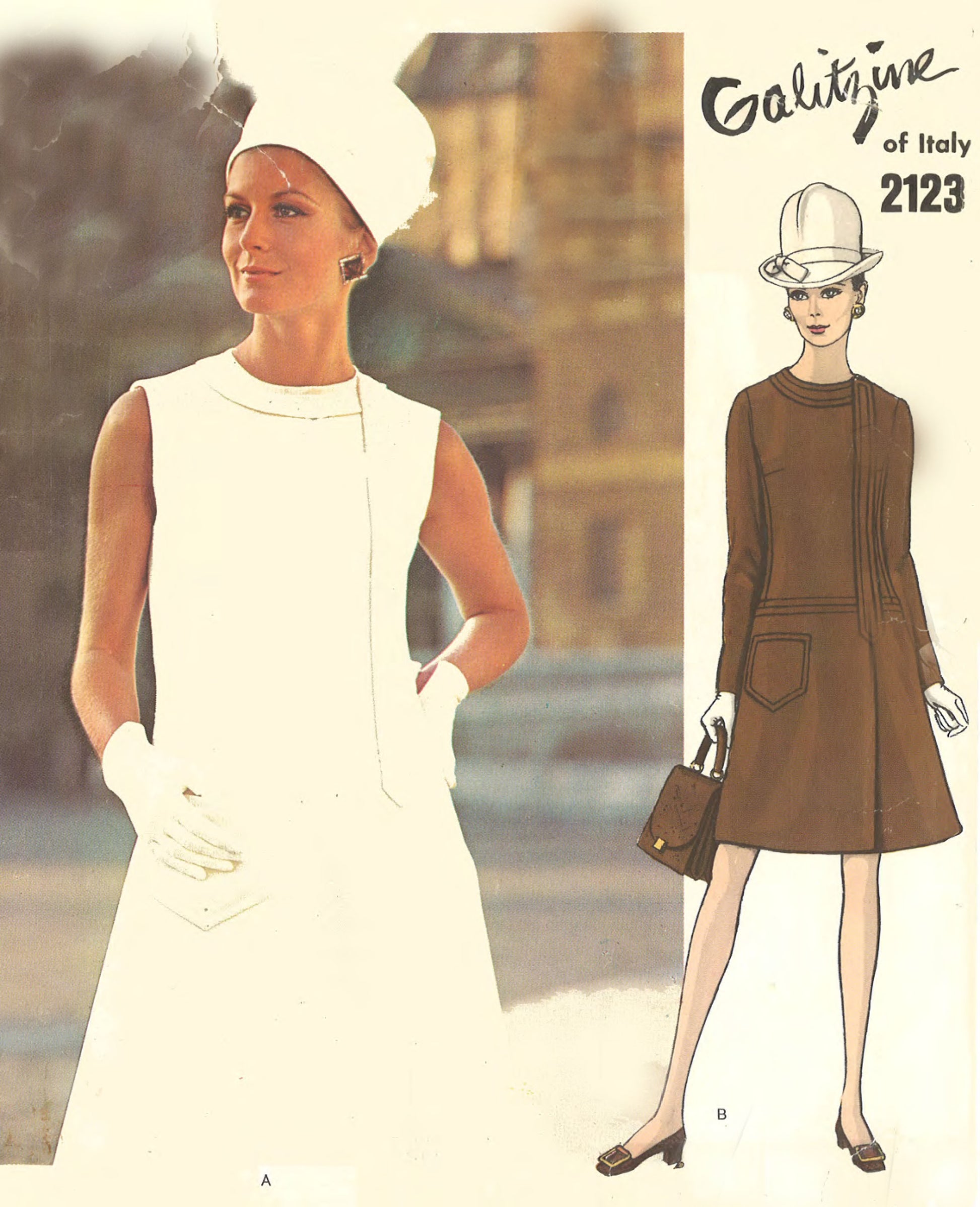 Vintage fashion advertisement with two women wearing different outfits, one in white and the other in brown, with 'Galitzine of Italy' branding.