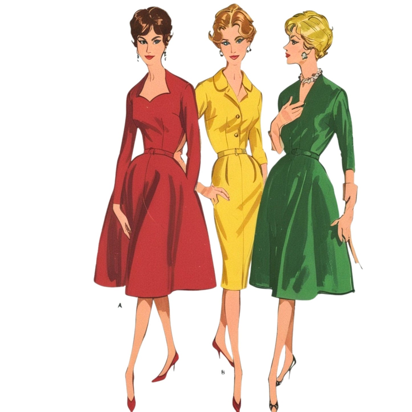 Three women wearing colorful dresses on a white background