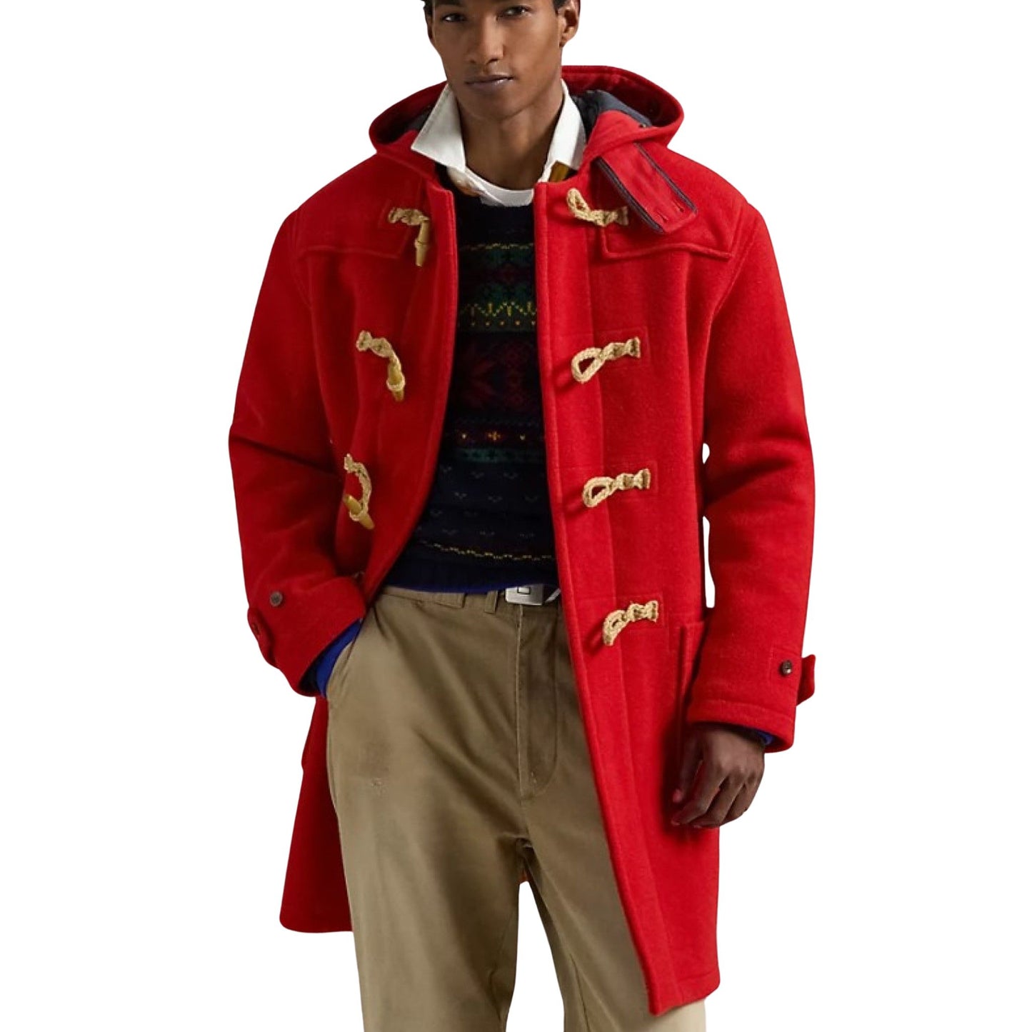 Man wearing a coat made up from a 1950s Pattern, Men's Duffle Coat with Hood