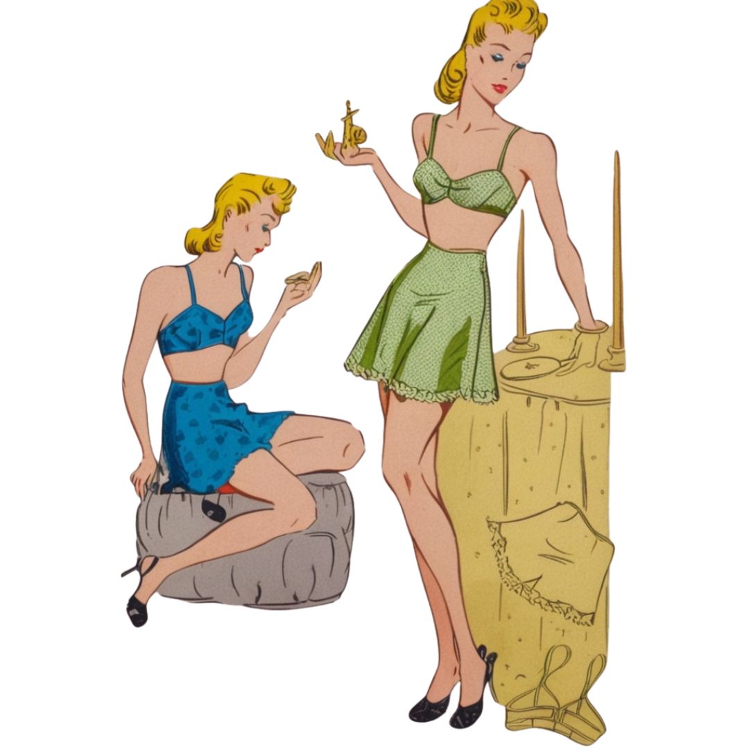 Two animated women in vintage-style lingerie on a white background