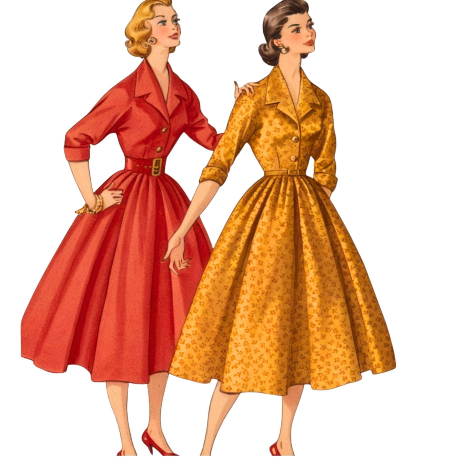 Two women wearing vintage-style dresses, one red and one yellow with a pattern, on a white background.