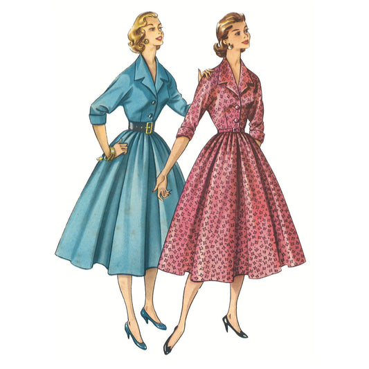 Vintage sewing pattern COVER showing two women wearing knee-length collared dresses with flared skirts. One dress is solid light blue with a belt, and the other is pink with a small repeating floral or geometric pattern.