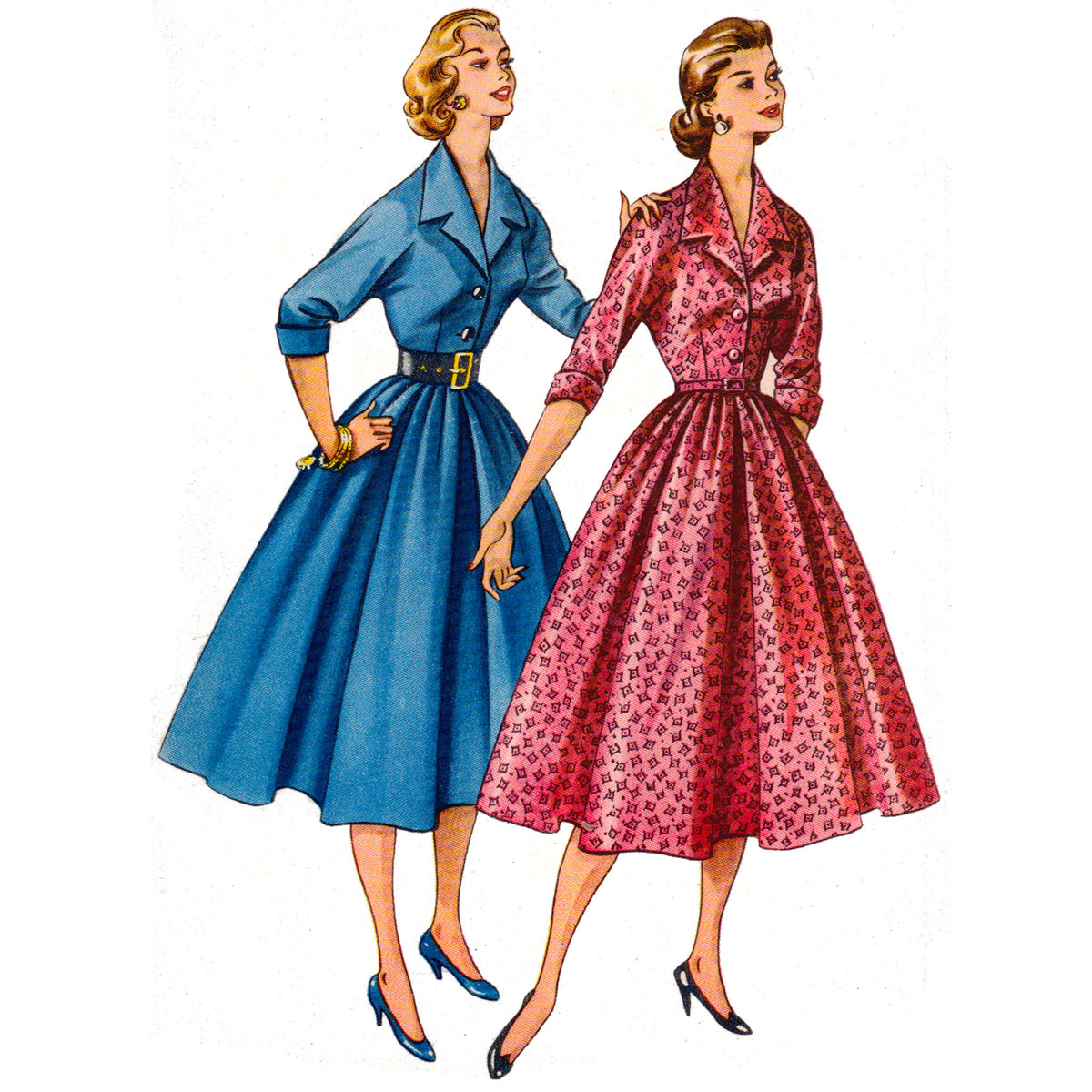Two women wearing vintage-style dresses on a white background